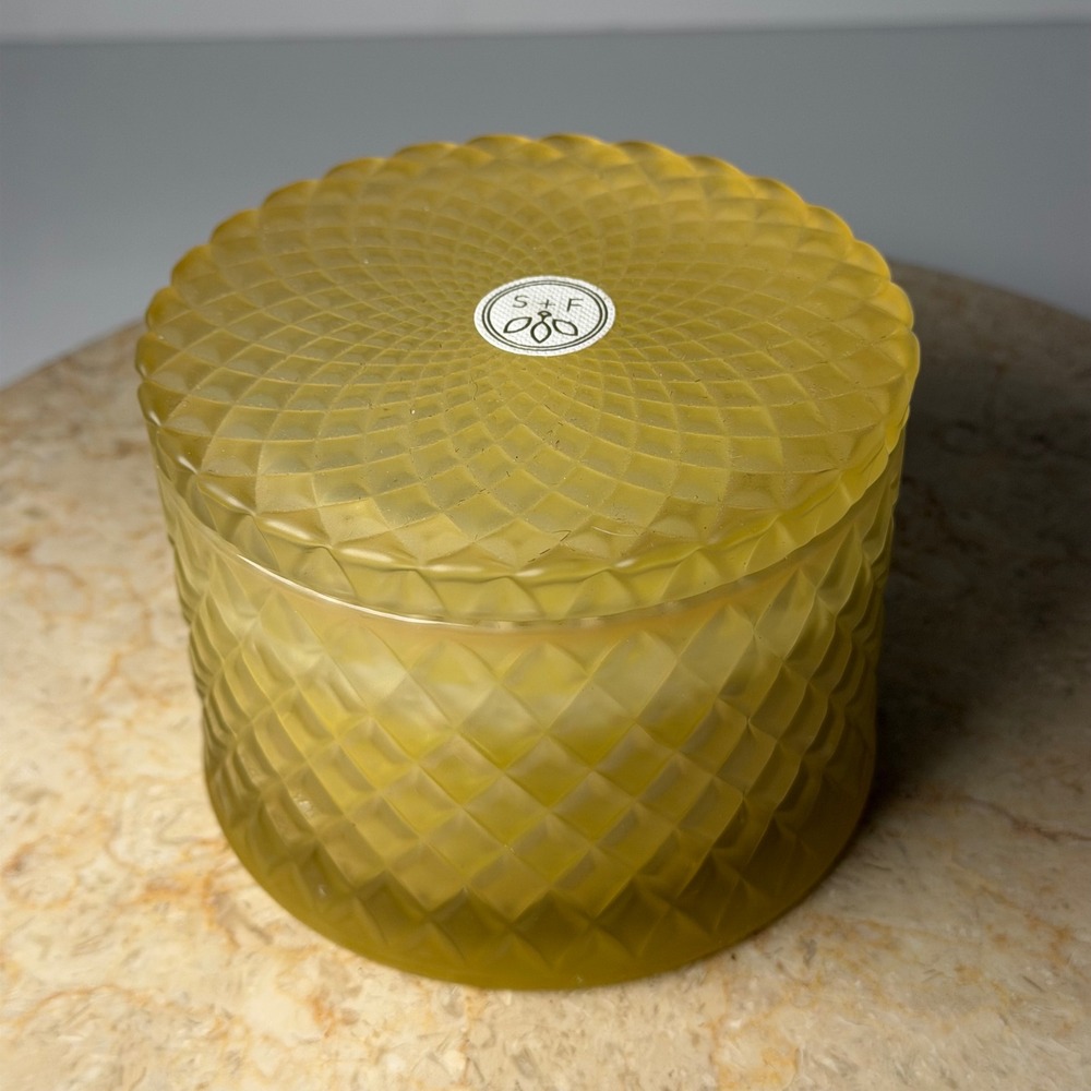 Sand + Fog Guava Mango Candle 9.5oz Yellow Frosted Hobnail Glass 2-Wick Lid